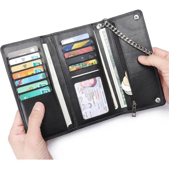 Genuine Leather Trifold Wallet with Chain, Biker Trucker wallet - Picture 3 of 8